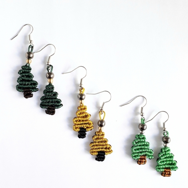 Μικρά Σκουλαρίκια Χριστουγεννιάτικο Δέντρο σκούρο πράσινο - ημιπολύτιμες πέτρες, μακραμέ, κρεμαστά, γάντζος, χριστουγεννιάτικα δώρα - 2