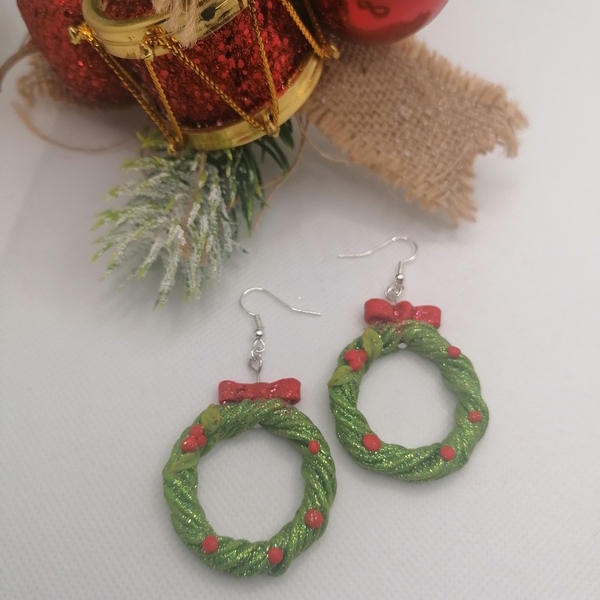 Χειροποίητα Χριστούγεννιατικα σκουλαρίκια πράσινα απο πλυμερικό πηλό - πηλός, κρεμαστά, μεγάλα, χριστούγεννα, δώρα για γυναίκες