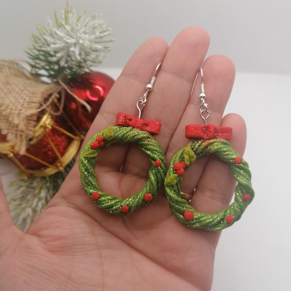 Χειροποίητα Χριστούγεννιατικα σκουλαρίκια πράσινα απο πλυμερικό πηλό - πηλός, κρεμαστά, μεγάλα, χριστούγεννα, δώρα για γυναίκες - 2