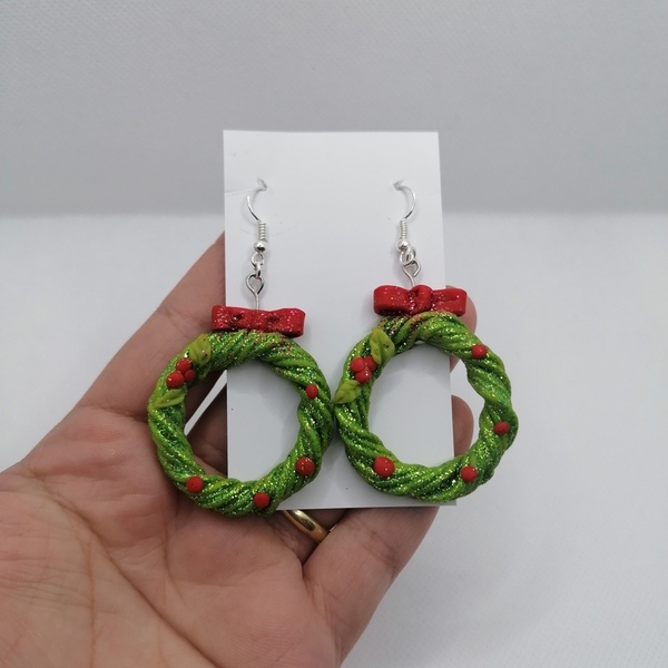 Χειροποίητα Χριστούγεννιατικα σκουλαρίκια πράσινα απο πλυμερικό πηλό - πηλός, κρεμαστά, μεγάλα, χριστούγεννα, δώρα για γυναίκες - 3