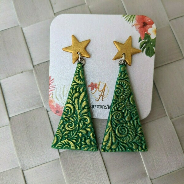 Christmas Earrings, Christmas Tree Earrings, Polymer Clay Earrings - πηλός, ατσάλι, κρεμαστά