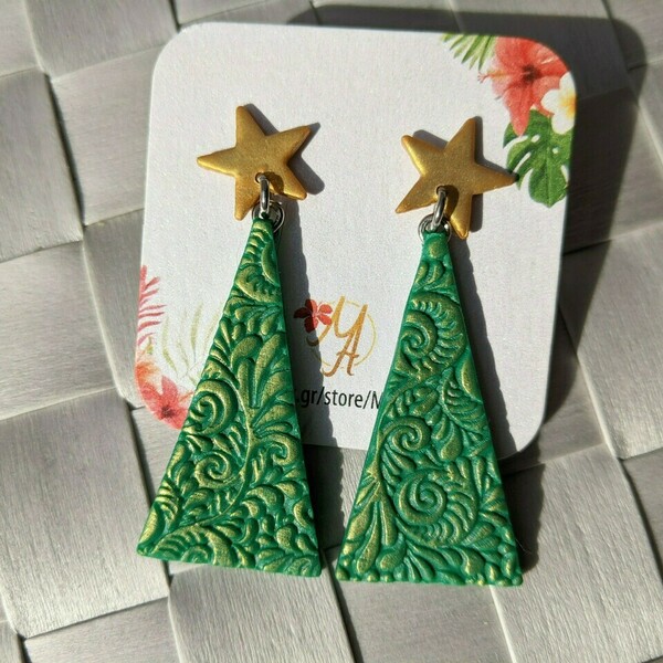 Christmas Earrings, Christmas Tree Earrings, Polymer Clay Earrings - πηλός, ατσάλι, κρεμαστά - 2