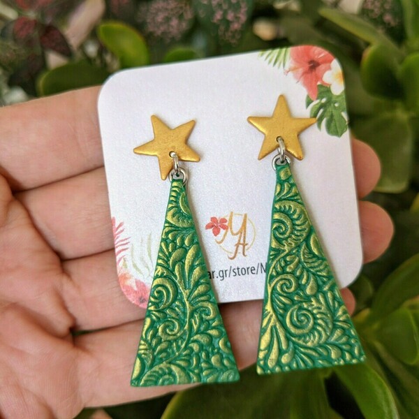 Christmas Earrings, Christmas Tree Earrings, Polymer Clay Earrings - πηλός, ατσάλι, κρεμαστά - 3