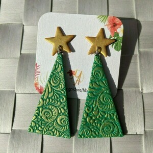 Christmas Tree Earrings, Polymer Clay Earrings, Χριστουγεννιάτικα σκουλαρίκια - πηλός, ατσάλι, κρεμαστά - 2
