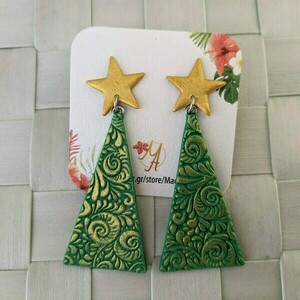 Christmas Tree Earrings, Polymer Clay Earrings, Χριστουγεννιάτικα σκουλαρίκια - πηλός, ατσάλι, κρεμαστά - 3
