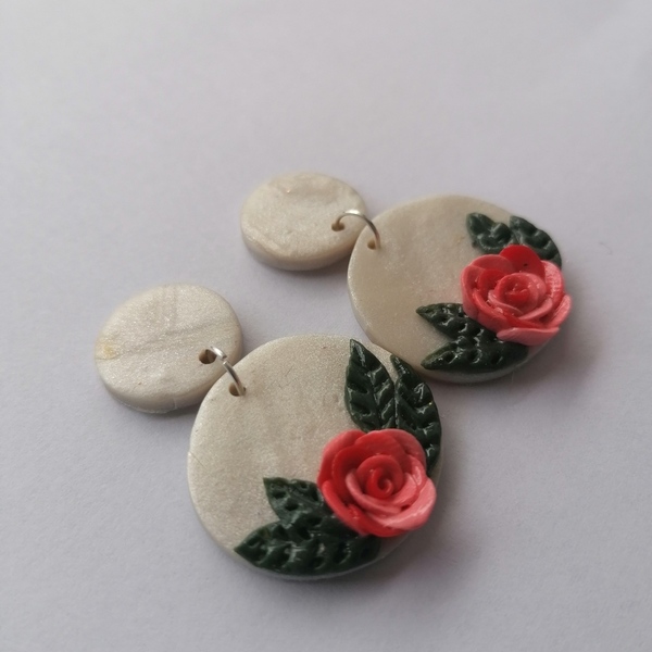Φλοραλ σκουλαρίκια με ροζ λουλουδι - φλουρί, λουλούδια, πηλός, φλοράλ, καρφωτά - 3