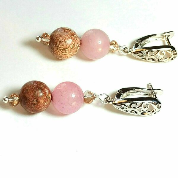 Σκουλαρίκια ροζ χαλαζία & Ίασπις - ημιπολύτιμες πέτρες, καρφωτά, μικρά