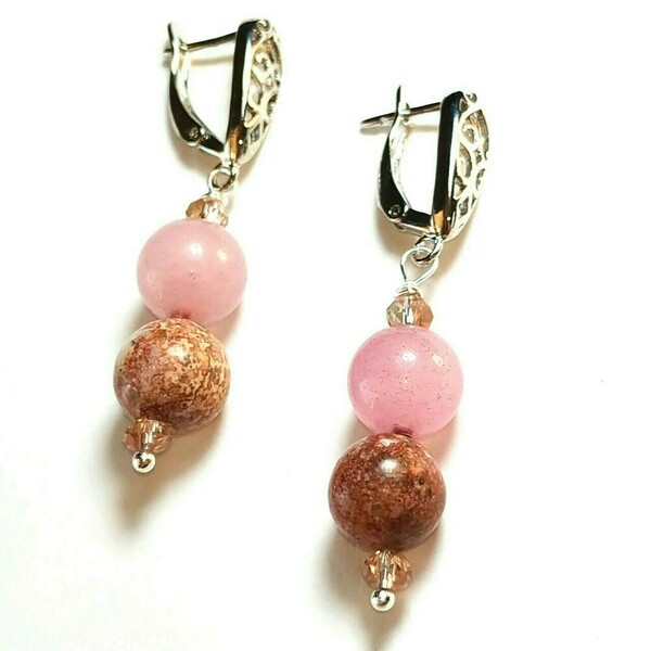 Σκουλαρίκια ροζ χαλαζία & Ίασπις - ημιπολύτιμες πέτρες, καρφωτά, μικρά - 2