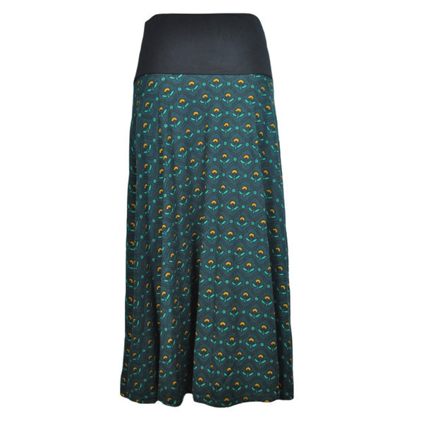 Φούστα maxi, πράσινη, με μπάσκα σε γεωμετρικό print - maxi, casual, φλοράλ