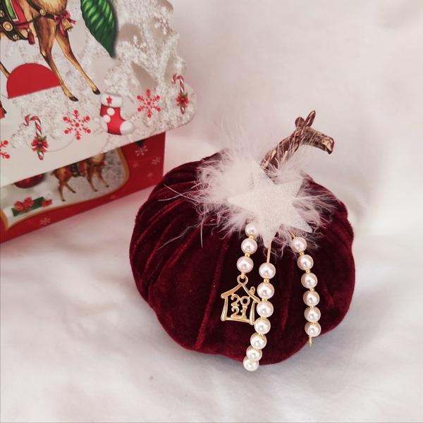 Βελούδινη Κολοκύθα με πέρλες 12cm - ύφασμα, χριστουγεννιάτικα δώρα, κολοκύθα, γούρια, προσωποποιημένα - 5