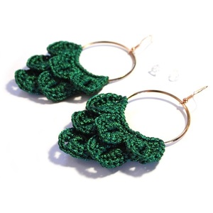 Crochet statement πράσινα σκουλαρίκια, μήκους 8,5 εκ., από νήμα - statement, crochet, χειροποίητα, κρεμαστά, μεγάλα, πλεκτά - 2