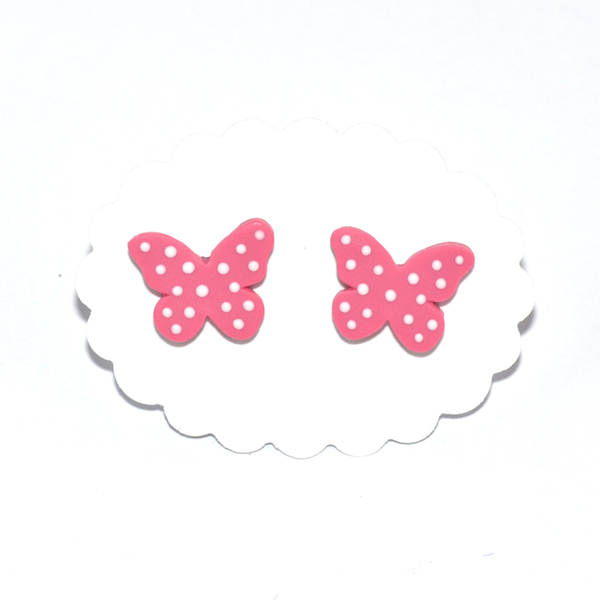Σκουλαρίκια καρφωτά ροζ πουά πεταλούδες από πηλό - πουά, πηλός, πεταλούδες, καρφωτά, μικρά