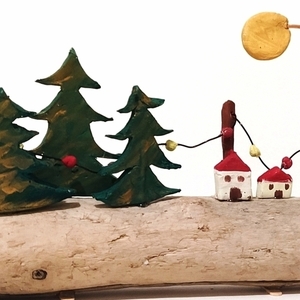 Διακοσμητικό δασικό χωριουδάκι με χριστουγεννιάτικο στολισμό - ξύλο, δώρο, σπίτι, διακοσμητικά - 3
