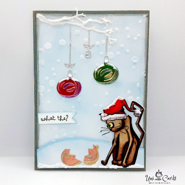 Κάρτα Χριστουγέννων - Γάτα παίζει με στολίδια - στολίδι, χριστουγεννιάτικο, γατούλα, κάρτα ευχών, ευχετήριες κάρτες - 2