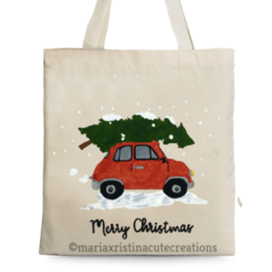 Πάνινη Τσάντα Ζωγραφισμένη στο χέρι ♥ Χριστουγεννιάτικο Αυτοκίνητο - ύφασμα, ώμου, χριστουγεννιάτικα δώρα, πάνινες τσάντες