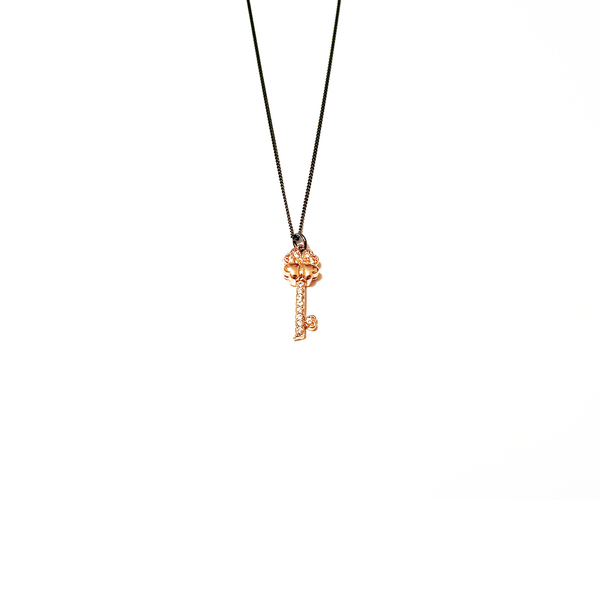 Χειροποίητο κολιέ «pink gold swarovski key black silver chain» - charms, επιχρυσωμένα, ασήμι 925, γούρια, ασήμι