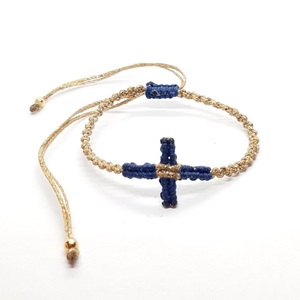 Βραχιόλι σταυρός μακραμέ μπλε χρυσό - σταυρός, μακραμέ, χεριού, αυξομειούμενα, φθηνά