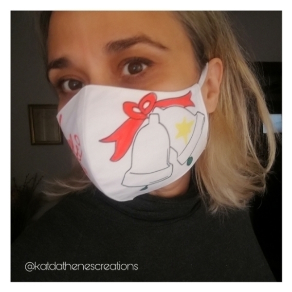 Unisex Χριστουγεννιατικη ζωγραφισμενη καμπανες καλαντα βαμβακερή μάσκα - ζωγραφισμένα στο χέρι, unisex, χριστουγεννιάτικα δώρα, μάσκα προσώπου - 3