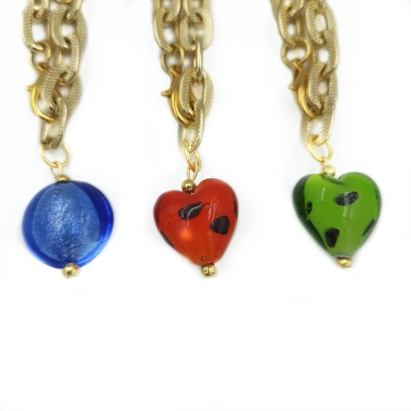 Βραχιόλι με χοντρή αλυσίδα αλουμινίου ματ χρυσό 20εκ με πράσινη χάντρα καρδιά τύπου Μουράνο - αλυσίδες, καρδιά, χάντρες, εντυπωσιακό, χεριού - 2