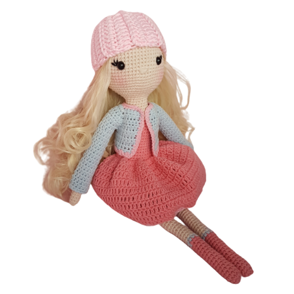 Πλεκτή κούκλα με ξανθά μαλλιά και ροζ σκουφάκι 41cm - δώρο, λούτρινα, δώρα γενεθλίων, amigurumi, κούκλες - 2