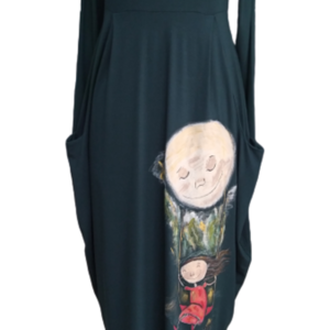 Φόρεμα ελληνικής κατασκευής ,με σχέδιο κορίτσι σε κούνια με φεγγάρι. - maxi, βισκόζη, μακρυμάνικο