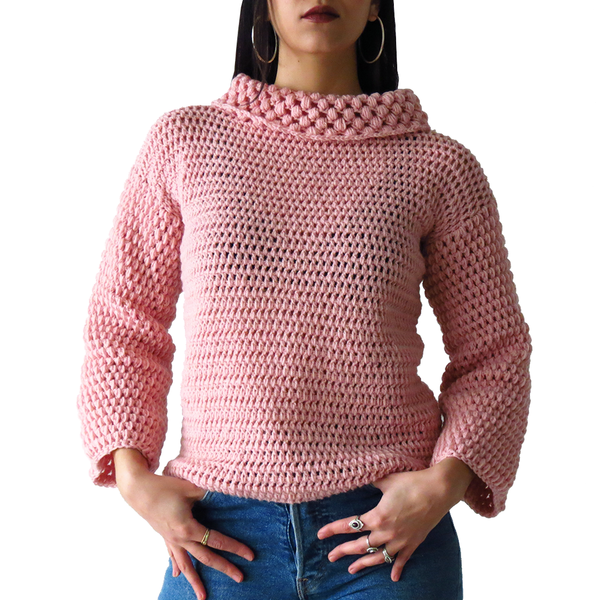 Πλεχτό ροζ πουλόβερ με γυριστό λαιμό - μακρυμάνικες