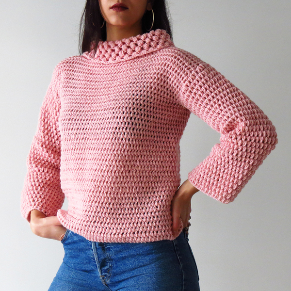 Πλεχτό ροζ πουλόβερ με γυριστό λαιμό - μακρυμάνικες - 2