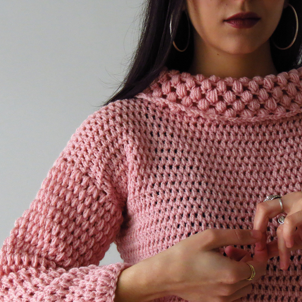 Πλεχτό ροζ πουλόβερ με γυριστό λαιμό - μακρυμάνικες - 4