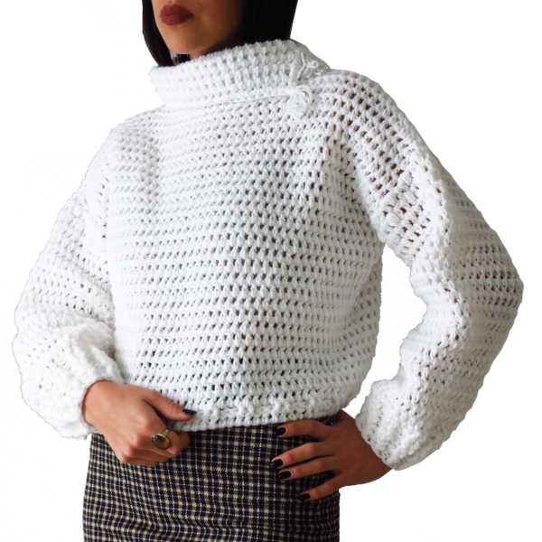 Πλεκτό χειροποίητο λευκό πουλόβερ με ζιβάγκο - ακρυλικό, μακρυμάνικες