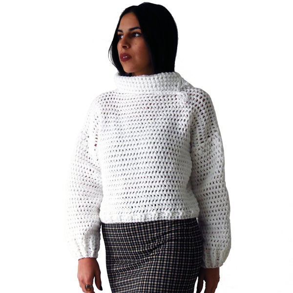Πλεκτό χειροποίητο λευκό πουλόβερ με ζιβάγκο - ακρυλικό, μακρυμάνικες - 3