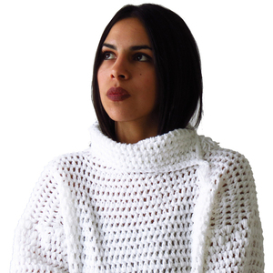 Πλεκτό χειροποίητο λευκό πουλόβερ με ζιβάγκο - ακρυλικό, μακρυμάνικες - 4