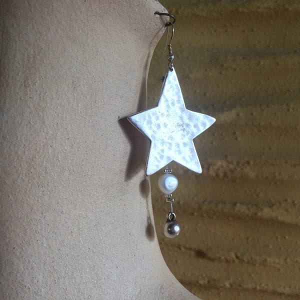 Κρεμαστά σκουλαρίκια "Αστέρια" με μαργαριτάρια - επάργυρα, κρεμαστά, με πέρλες, πέρλες, μεγάλα - 4