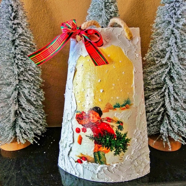 Ξύλινο διακοσμητικό κεραμίδι με χριστουγεννιάτικο τοπίο - ξύλο, ντεκουπάζ, δώρο, στολίδια - 4
