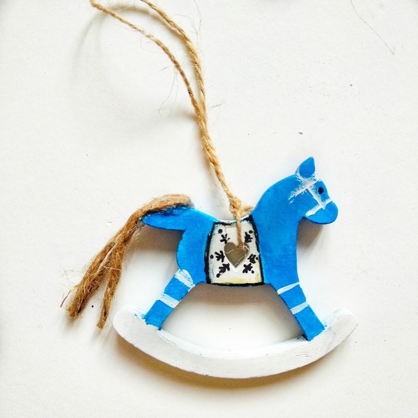 Ξύλινο διακοσμητικό αλογάκι Alsace Blue Snowflakes - ξύλο, δώρο, χριστουγεννιάτικα δώρα, στολίδια
