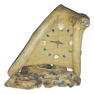 Επιτραπέζιο Ξύλινο Ρολόι με Κοχύλια και Μπλε Πετραδάκια - ξύλο, κοχύλι, επιτραπέζια