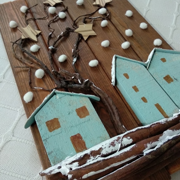 Ξύλινο χειροποίητο διακοσμητικό τοίχου,ξύλο κανέλα , χιονισμένο χωριό - χειροποίητα, ξύλινα διακοσμητικά τοίχου