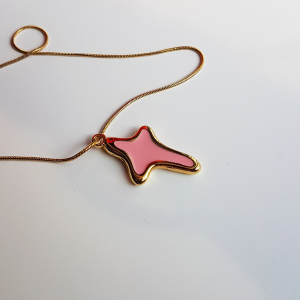 Ατσάλινη αλυσίδα με χρυσό-ροζ σταυρό και ροζ κεραμική χάντρα. - charms, σταυρός, κοντά, ατσάλι, επιχρυσωμένο στοιχείο - 4