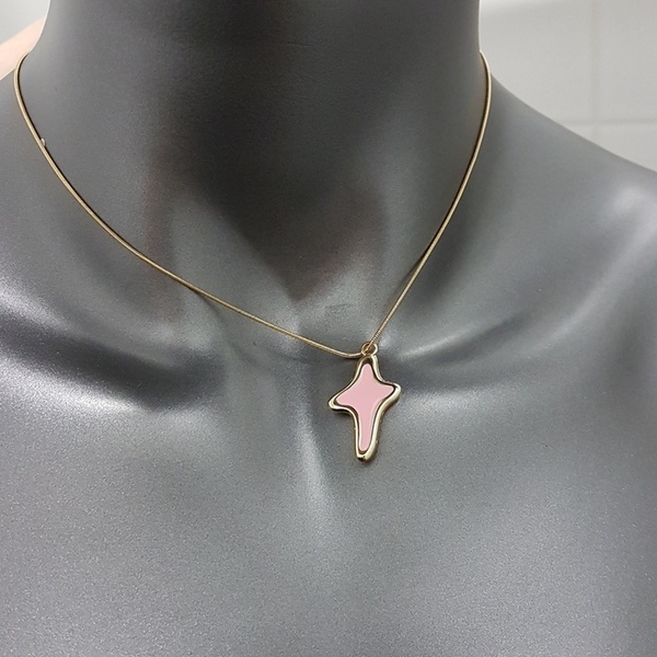 Ατσάλινη αλυσίδα με χρυσό-ροζ σταυρό και ροζ κεραμική χάντρα. - charms, σταυρός, κοντά, ατσάλι, επιχρυσωμένο στοιχείο - 5