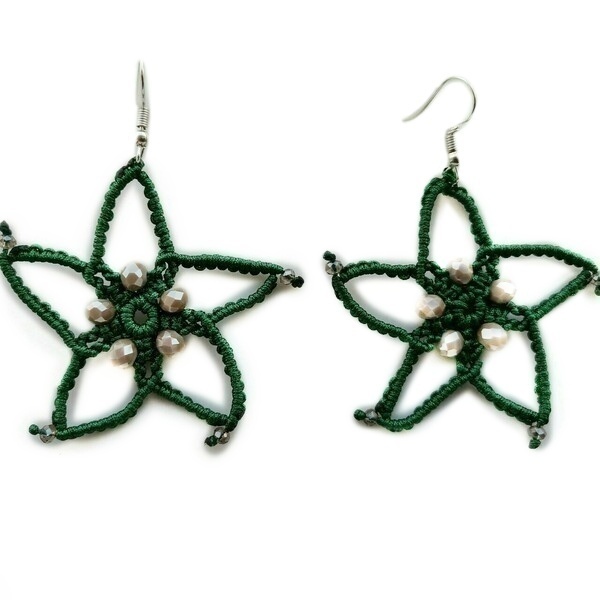 Μακραμέ πράσινα σκουλαρίκια σε σχήμα αστεριού με nude κρύσταλλα - κρύσταλλα, αστέρι, μακραμέ, κρεμαστά, μεγάλα
