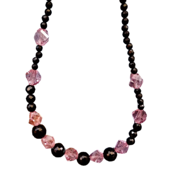 Κολιέ από μαύρο όνυχα και κρύσταλλα swarovski ροζ - ημιπολύτιμες πέτρες, κοντά, δώρα για γυναίκες