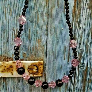 Κολιέ από μαύρο όνυχα και κρύσταλλα swarovski ροζ - ημιπολύτιμες πέτρες, κοντά, δώρα για γυναίκες - 2