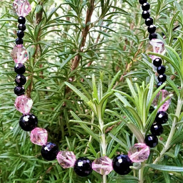 Κολιέ από μαύρο όνυχα και κρύσταλλα swarovski ροζ - ημιπολύτιμες πέτρες, κοντά, δώρα για γυναίκες - 3
