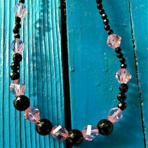 Κολιέ από μαύρο όνυχα και κρύσταλλα swarovski ροζ - ημιπολύτιμες πέτρες, κοντά, δώρα για γυναίκες - 5