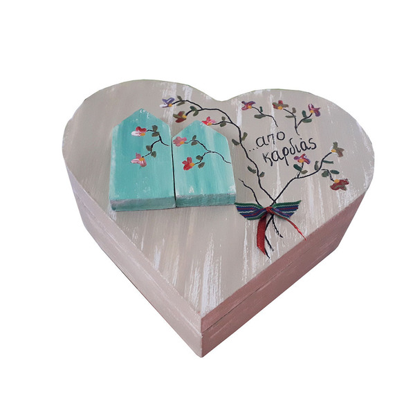 Κοσμηματοθήκη καρδιά ξύλινη χειροποίητη ζωγραφισμένη στο χέρι Σπίτια 16x13x5 Ωχρα Καπαδάκης - ζωγραφισμένα στο χέρι, χειροποίητα, κοσμηματοθήκη, ξύλινα διακοσμητικά, δώρα για γυναίκες