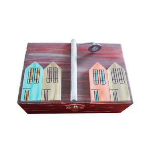 Κουτί αποθήκευσης ξύλινο χειροποίητο ζωγραφισμένο στο χέρι Σπίτια με κολόνα 18x8x12 Μπορντό Καπαδάκης - κοσμηματοθήκη, δώρα για γυναίκες, χειροποίητα, ζωγραφισμένα στο χέρι, ξύλινα διακοσμητικά τοίχου