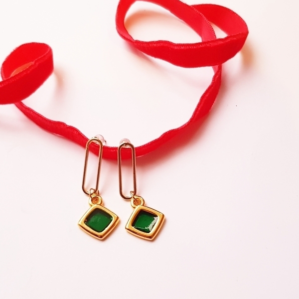 "Emerald Green Earrings" - Μίνιμαλ κρεμαστά σκουλαρίκια - minimal, μικρά, κρεμαστά - 2