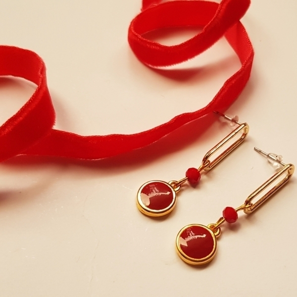 "Red Fire Earrings" - Σκουλαρίκια με μπορντώ μεταλλικά στοιχεία - επιχρυσωμένα, γεωμετρικά σχέδια, μικρά, κρεμαστά - 2