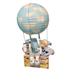 Χειροποίητο Επιτραπέζιο Φωτιστικό Αερόστατο Σιέλ Με Λευκά Σύννεφα Παιδικού Δωματίου Με Σετ Δώρου Για Νεογέννητο Αγόρι 30εκ - αγόρι, αερόστατο, σετ δώρου, οροφής, παιδικά φωτιστικά, φωτιστικά οροφής