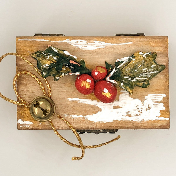Ορθογώνιο κουτάκι γούρι «γκι» - ξύλο, πηλός, χριστουγεννιάτικο, γούρια - 2