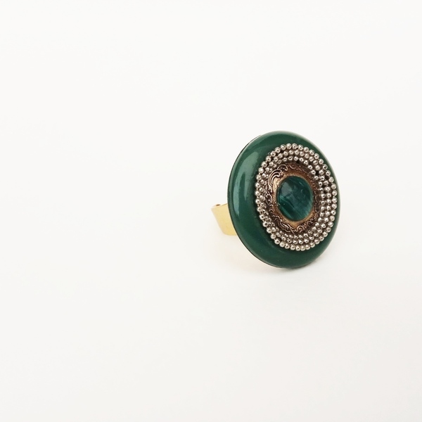 Green Button Δαχτυλίδι - επιχρυσωμένα, κουμπί, μεγάλα, αυξομειούμενα, φθηνά - 4